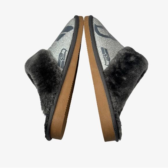 Foco Womens L Seattle Seahawks Glitter Moccasin Slipper Open Back Faux Fur Fuzzy - Picture 4 of 11